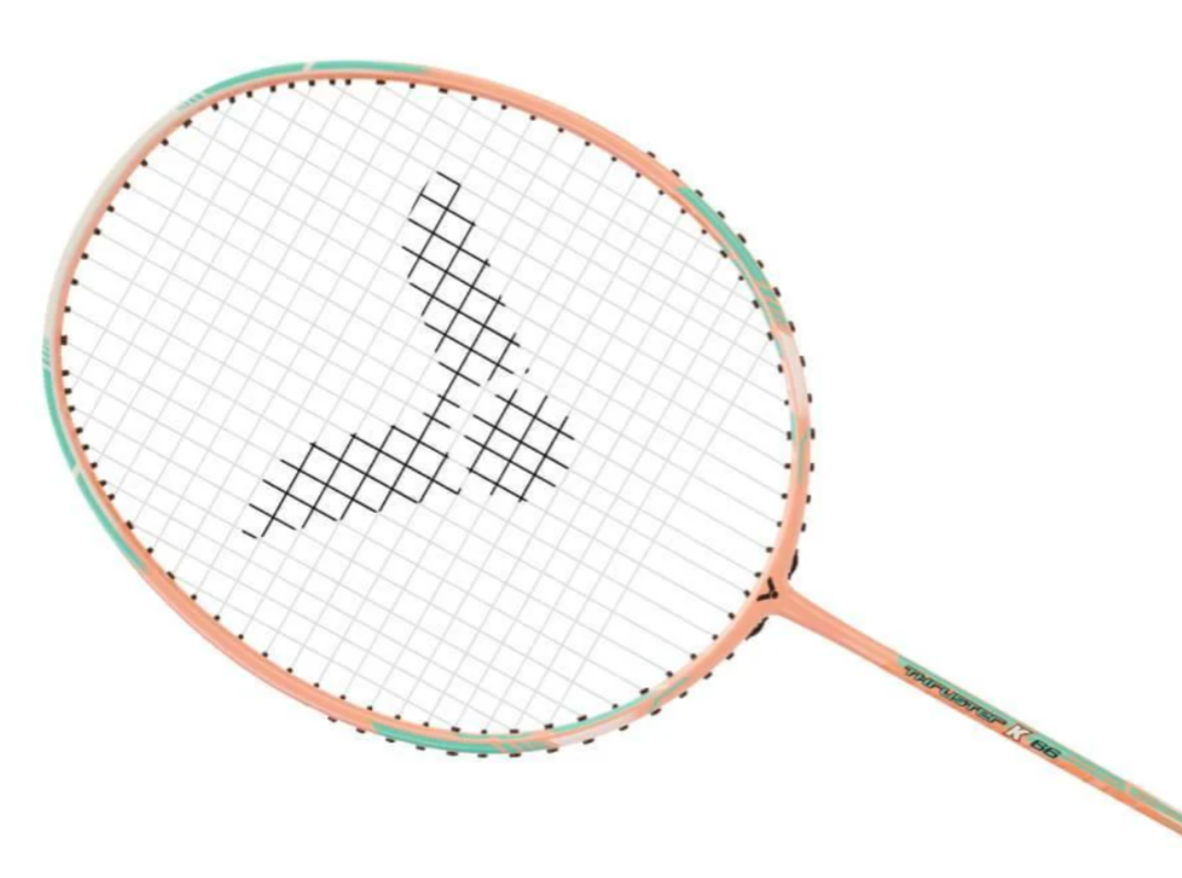 Badminton racket with a brand logo on a white background