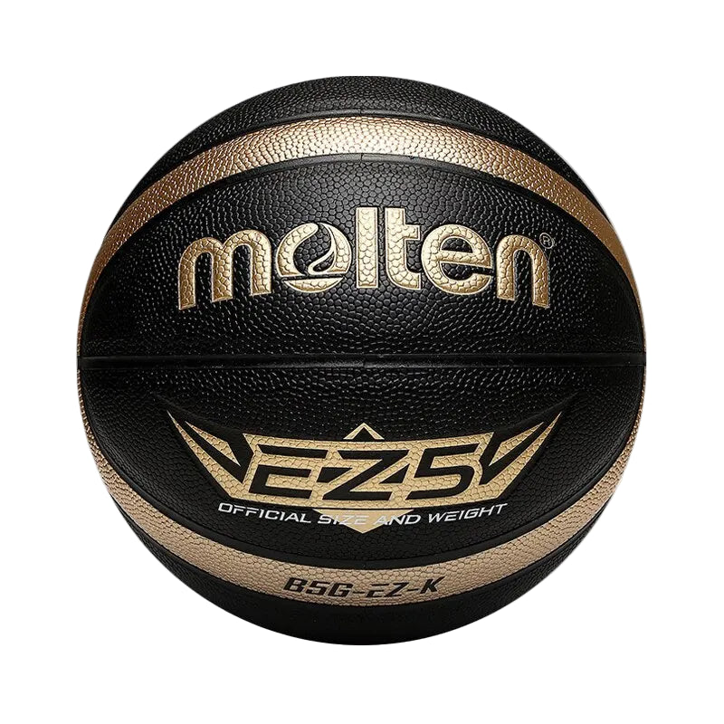 size 5 molten basketball. Black basketball with black winding and a golden track line. Golden writing with the EZ5 logo - official size and weight stamp and B5G EZ K tag.