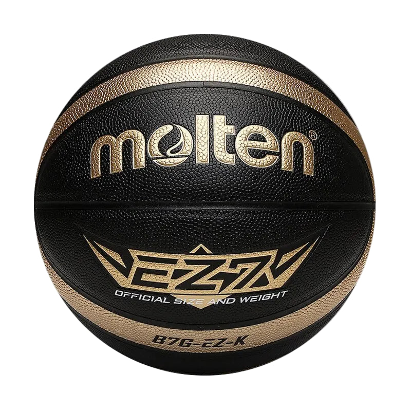size 5 molten basketball. Black basketball with black winding and a golden track line. Golden writing with the EZ7 logo - official size and weight stamp and B7G EZ K tag.