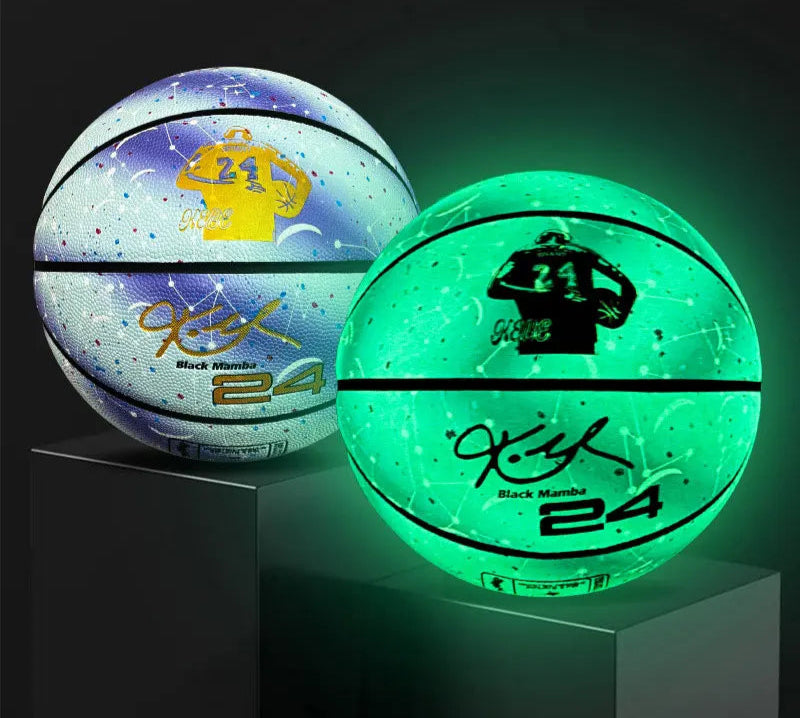 Black Mamba 24 - Kobe Bryant signed basketball with a painted Kobe Bryant stature holding a basketball wearing a number 24 basketball - Gradient Blue and white striped basketball to a neon green basketball jersey