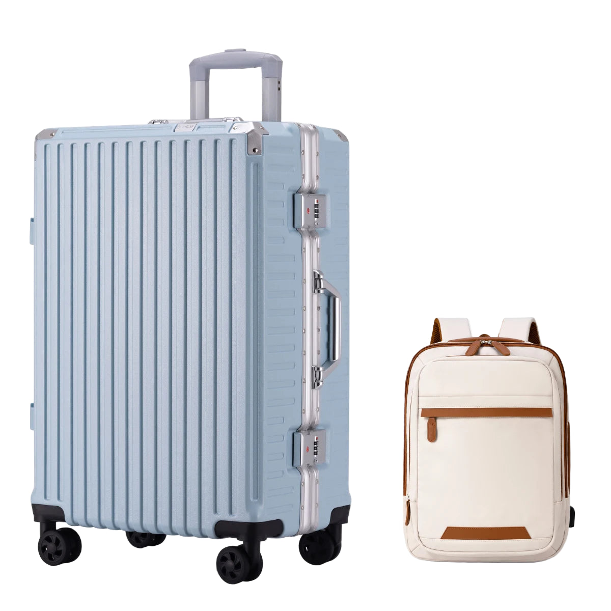 Three-piece travel set with a light blue suitcase and a beige backpack on a white background.