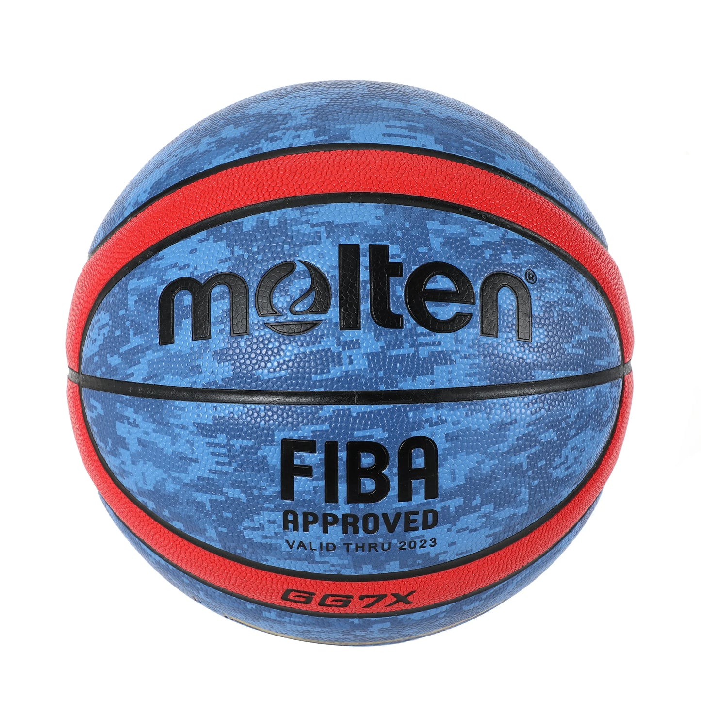 Blue camouflage basketball with red accents and 'Molten - fiba approved' branding