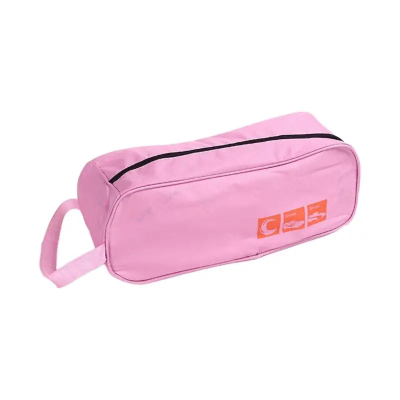Pink shoe bag with a logo on a white background