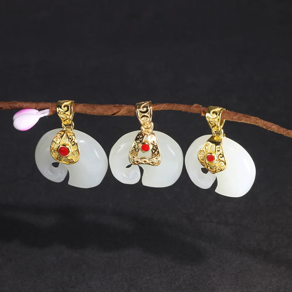 Natural White Jade - Gold Plated - Elephant Pendants