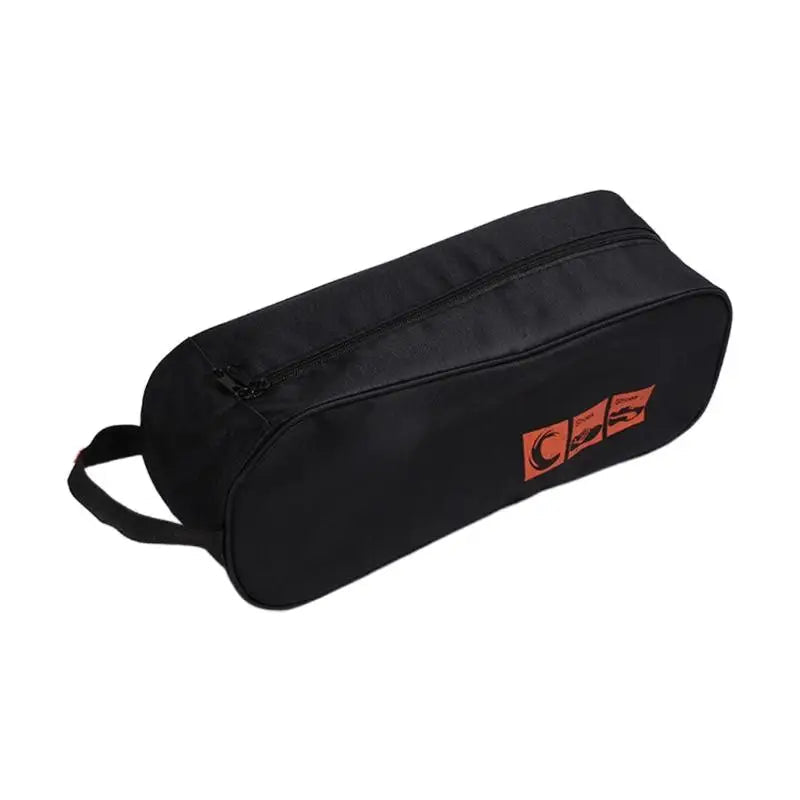 Black shoe bag with a red logo on a white background
