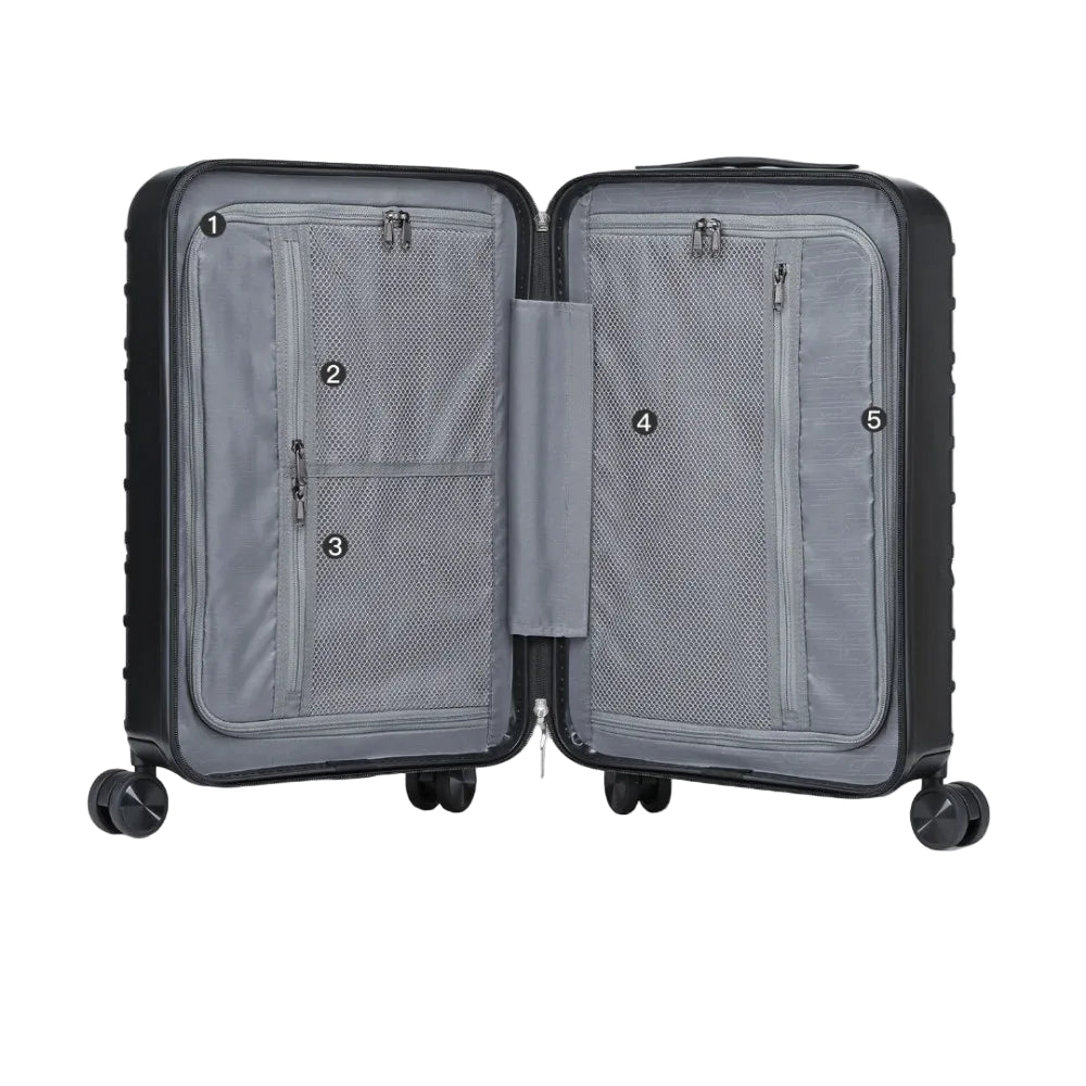 Gray suitcase with open compartments labeled for spacious main pocket and zipper mesh pockets.