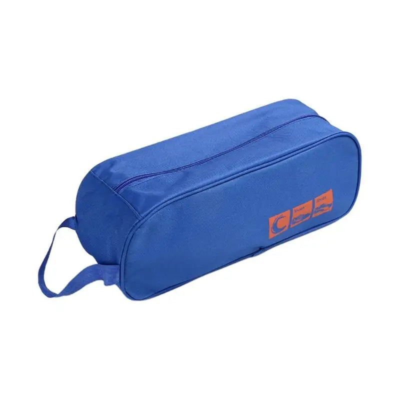 Blue shoe bag with a logo on a white background