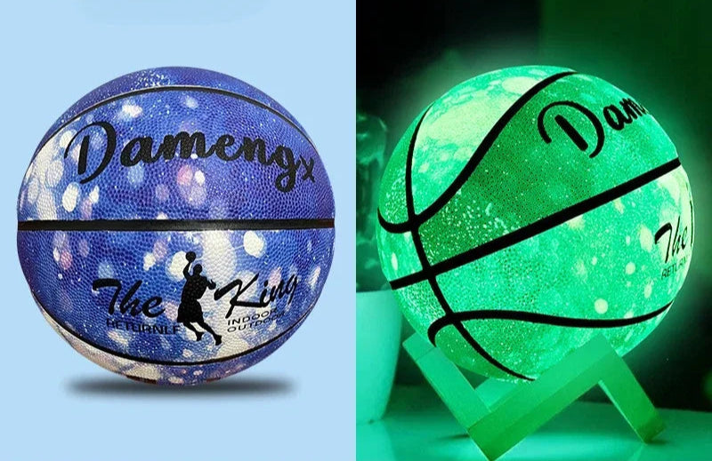 Blue basketball with starlike light fragments to a lowing green basketball