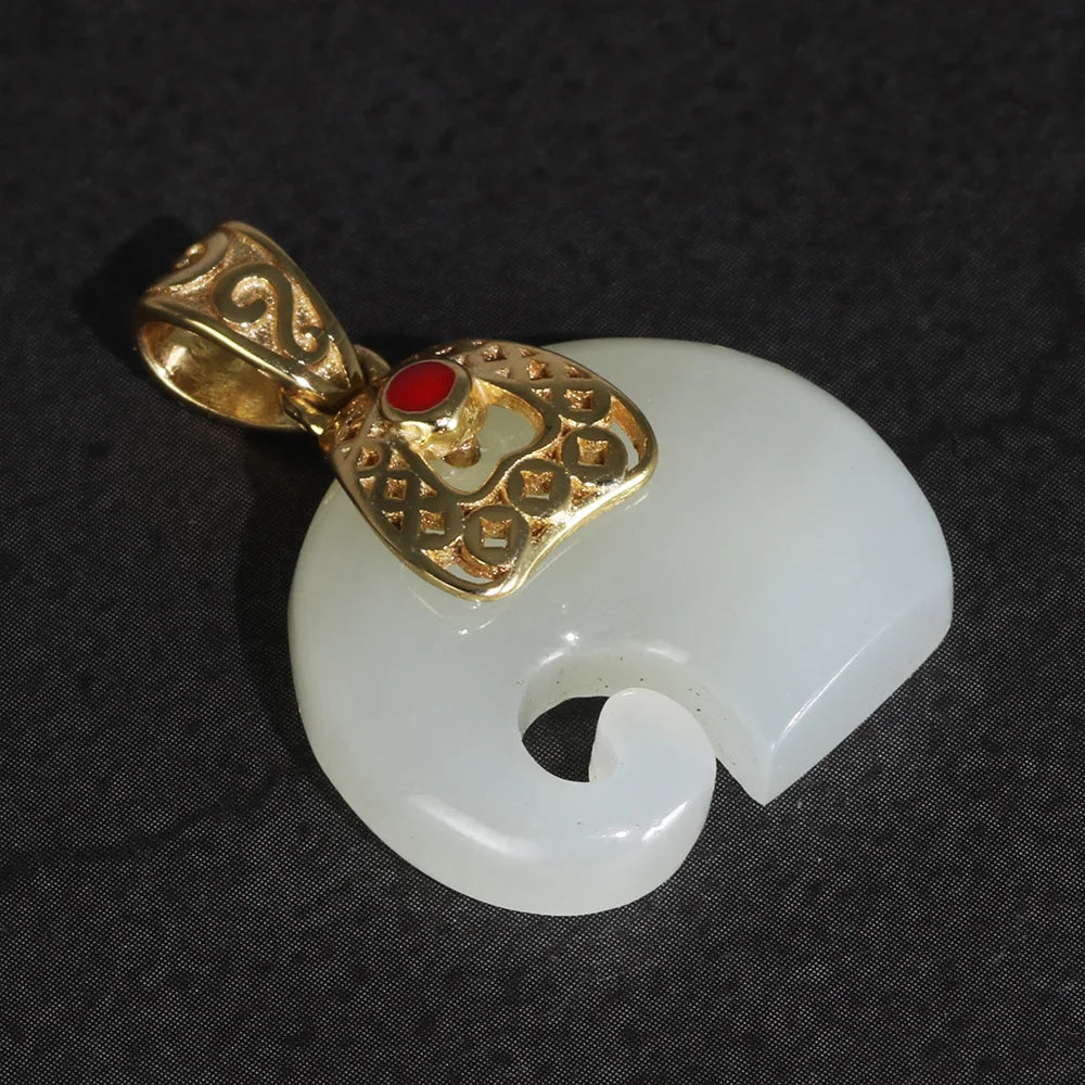 Natural White Jade - Gold Plated Cuff Design - Elephant Pendant