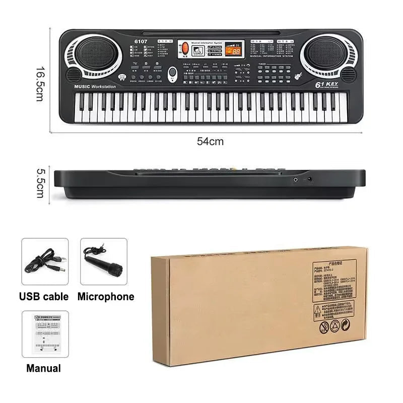 Keyboard with dimensions, accessories, and packaging on a white background