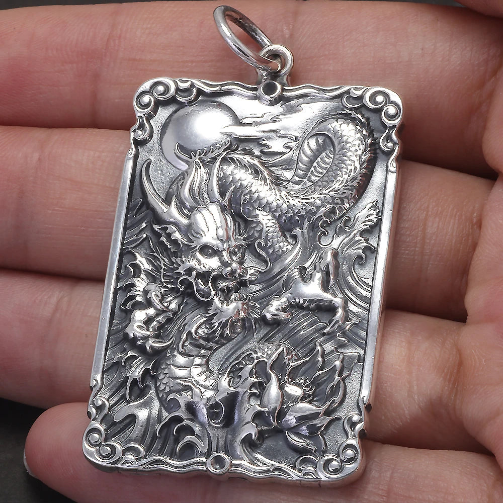 999 Pure Silver Square Dragon Tag Pendant