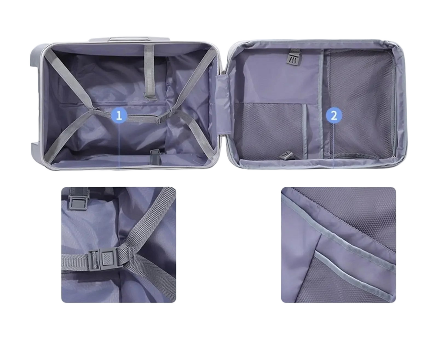Grey storage bag with clear compartments and text highlighting its features on a white background