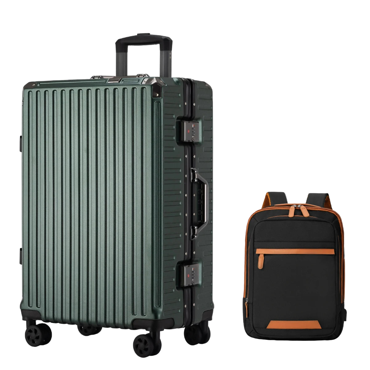 dark green suit case with a black backpack with brown zippers and accents.