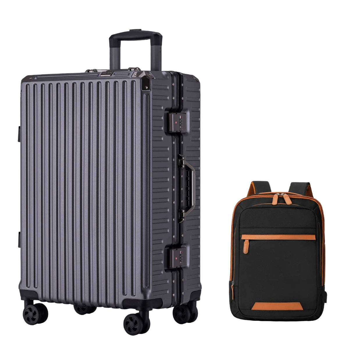 dark grey suit case with a black backpack with brown zippers and accents.
