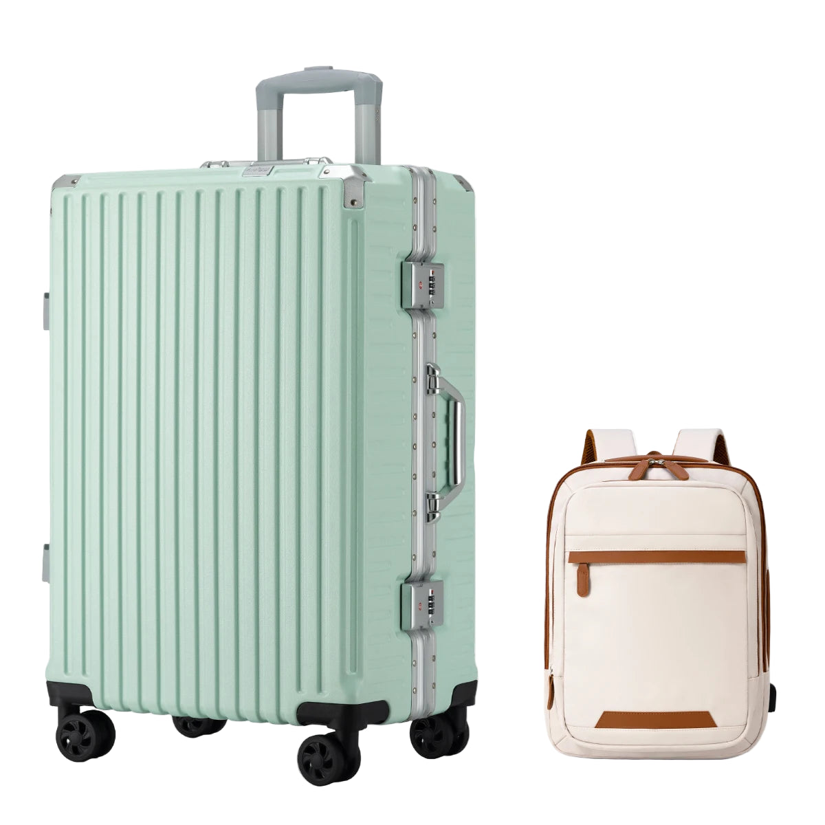 green suit case with a beige backpack with brown zippers and accents.