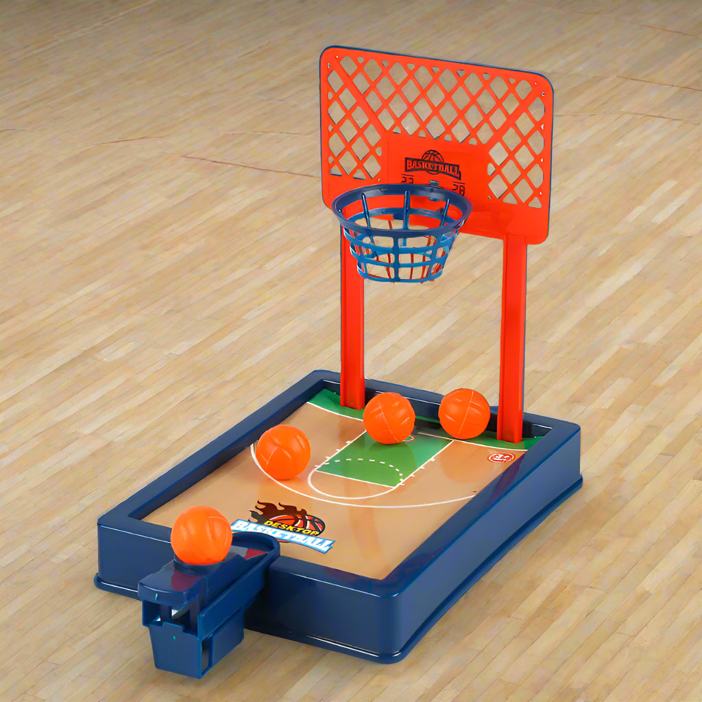Toy basketball hoop set with three orange balls on a blue and white background
