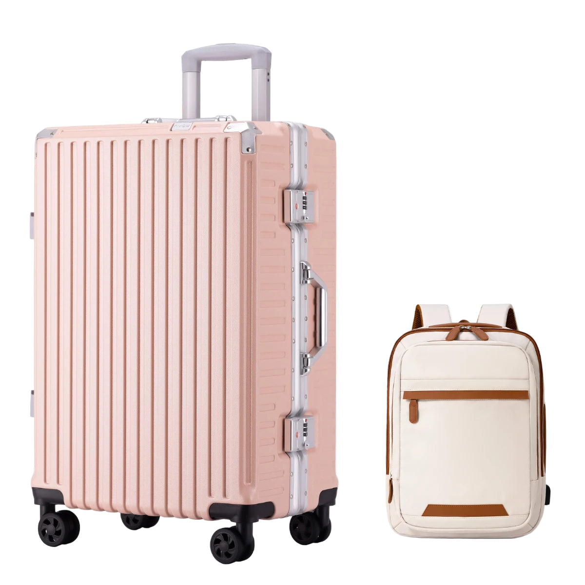 pink suit case with a beige backpack with brown zippers and accents.
