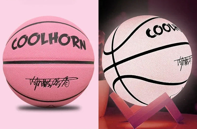 matte pink basketball turns into a glowing pink, reflective basketball