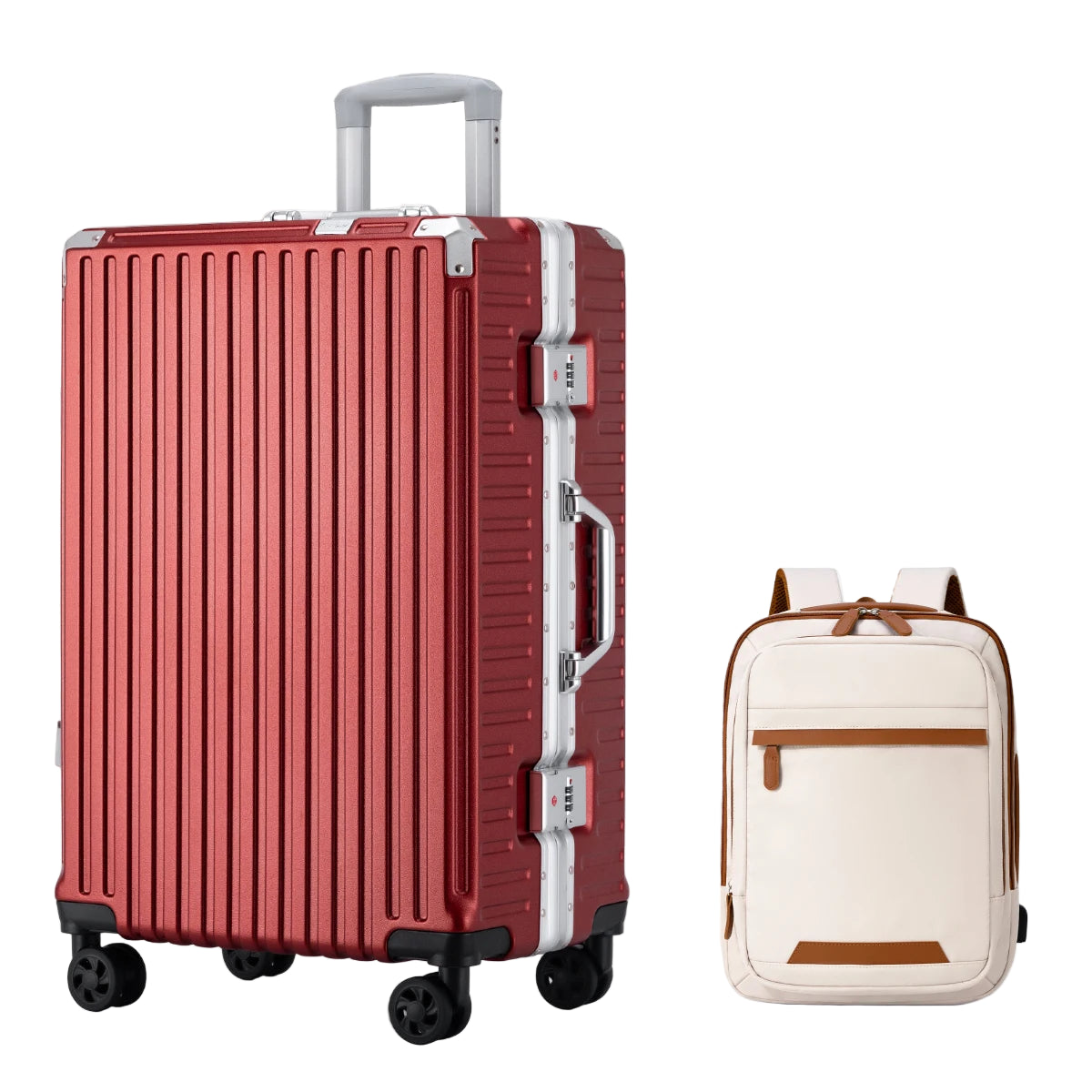 red suit case with a beige backpack with brown zippers and accents.