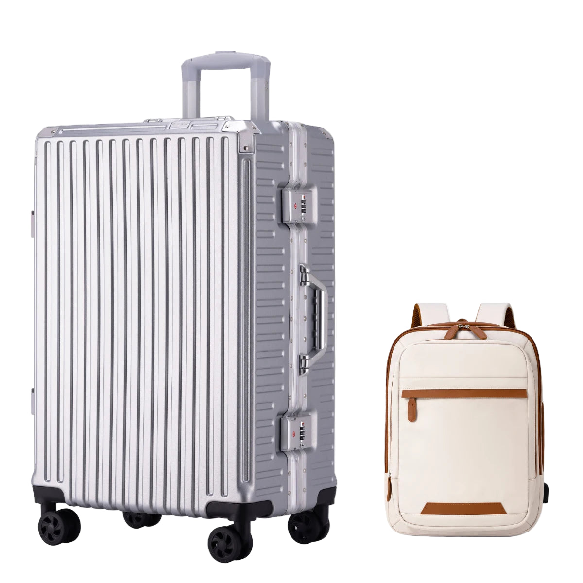 silver suit case with a beige backpack with brown zippers and accents.