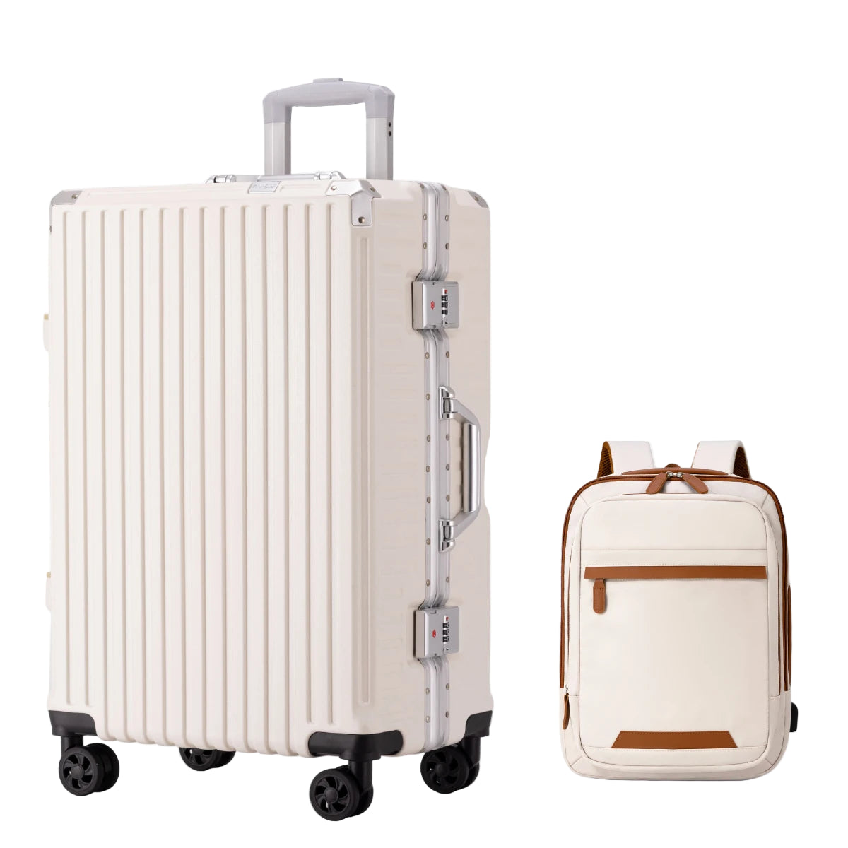 white suit case with a beige backpack with brown zippers and accents.