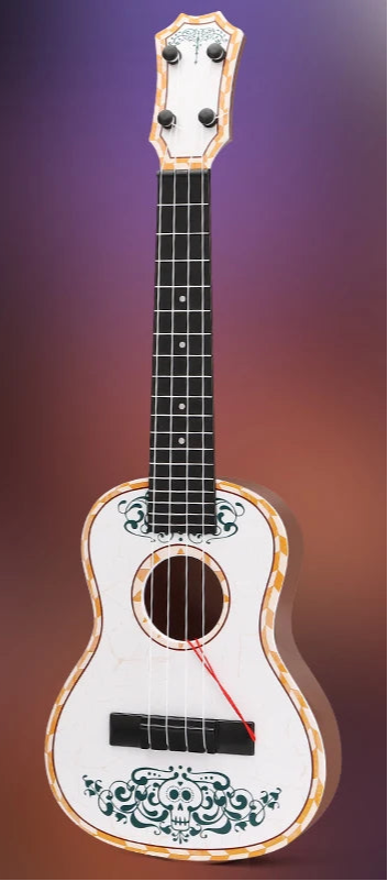 White ukulele with decorative patterns on a gradient purple and red background