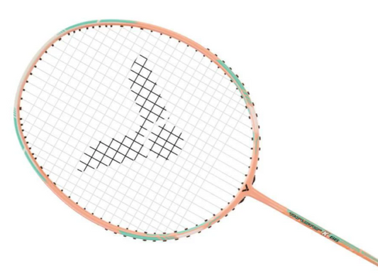Badminton racket with a brand logo on a white background