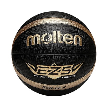 size 5 molten basketball. Black basketball with black winding and a golden track line. Golden writing with the EZ5 logo - official size and weight stamp and B5G EZ K tag.