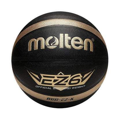 size 6 molten basketball. Black basketball with black winding and a golden track line. Golden writing with the EZ6 logo - official size and weight stamp and B6G EZ K tag.