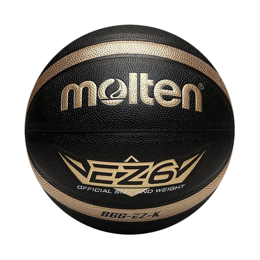 size 6 molten basketball. Black basketball with black winding and a golden track line. Golden writing with the EZ6 logo - official size and weight stamp and B6G EZ K tag.