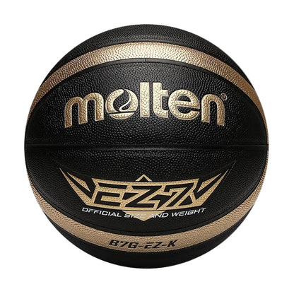 size 5 molten basketball. Black basketball with black winding and a golden track line. Golden writing with the EZ7 logo - official size and weight stamp and B7G EZ K tag.