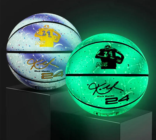 Black Mamba 24 - Kobe Bryant signed basketball with a painted Kobe Bryant stature holding a basketball wearing a number 24 basketball  - Gradient Blue and white striped basketball to a neon green basketball jersey
