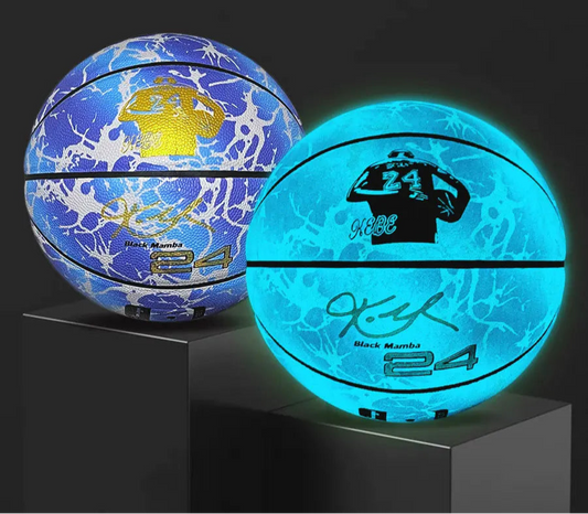Blue and light blue striped basketball with white wire patterns to a neon blue basketball. Both basketballs feature a Kobe Bryant image, signature, 'Black Mamba' and the number 24