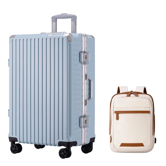 Three-piece travel set with a light blue suitcase and a beige backpack on a white background.