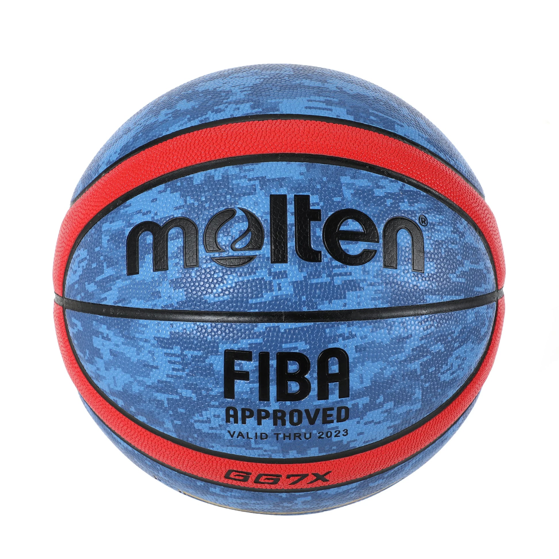 Blue camouflage basketball with red accents and 'Molten - fiba approved' branding