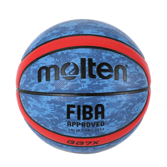 Blue camouflage basketball with red accents and 'Molten - fiba approved' branding