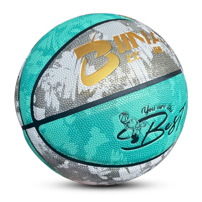 teal blue and grey camouflage children's basketball with gold writing and cartoon drawings and a tag line in black saying 'you are the best'