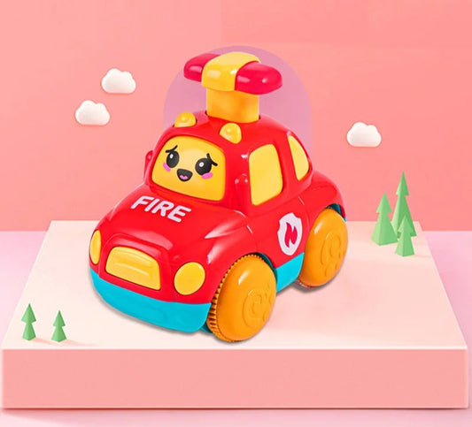 a red fire car wind up toy with a rosy cheeked smiling face on the windshield