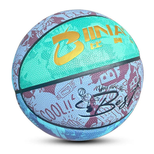 teal green, blue and burgundy children's basketball with gold writing and cartoon drawings and a tag line in black saying 'you are the best'