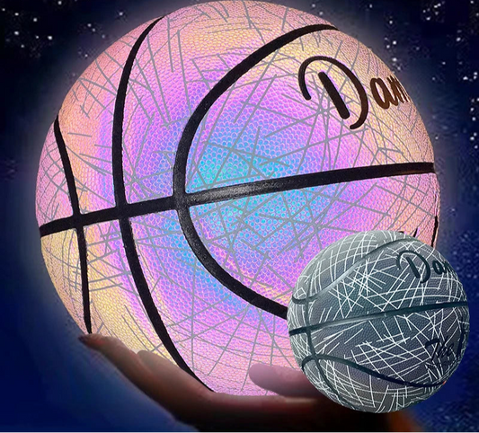 A grey basketball with short, randomly scattered, white pin stripes to a neon blue and pink basketball