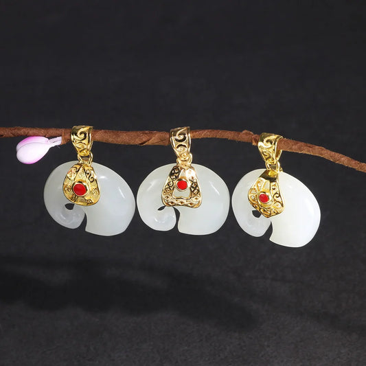 Natural White Jade - Gold Plated - Elephant Pendants