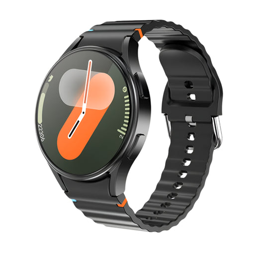 Smartwatch with features like GPS, NFC, and various health metrics displayed on a white background.