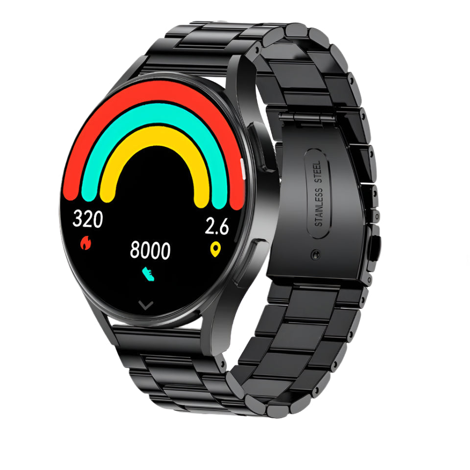 Black smartwatch with colorful display and various features highlighted on a white background