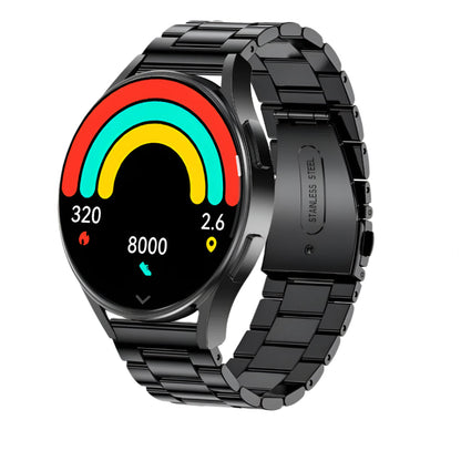 Black smartwatch with colorful display and various features highlighted on a white background