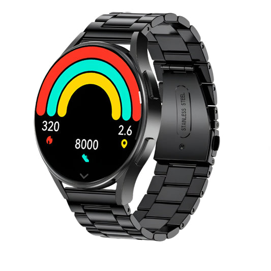 Black smartwatch with colorful display and various features highlighted on a white background