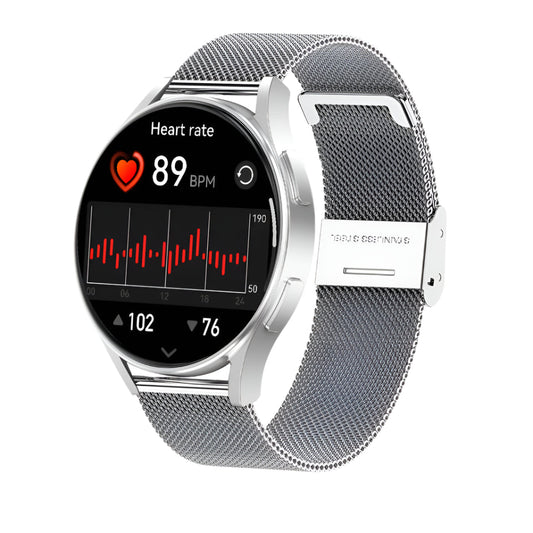 Smartwatch with heart rate monitor and various features on a white background