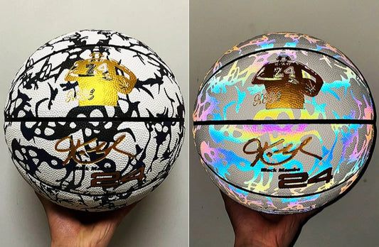 a white basketball with black wires a kobe bryant image and signature alongside the number 25 to the same ball as a reflective ball - with multi coloured pink, green, blue, purple, yellow and orange hues