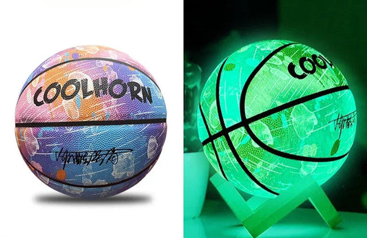 Multicoloured purple basketball to a reflective, green basketball