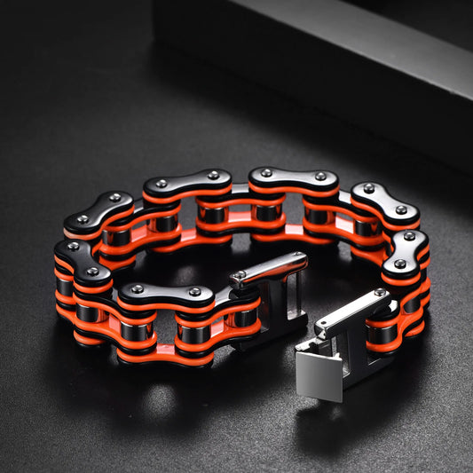 Dark Black & Orange Stainless Steel Bicycle Chain Bracelet