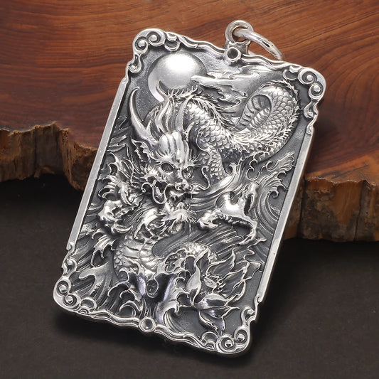 999 Pure Silver Square Dragon Tag Pendant